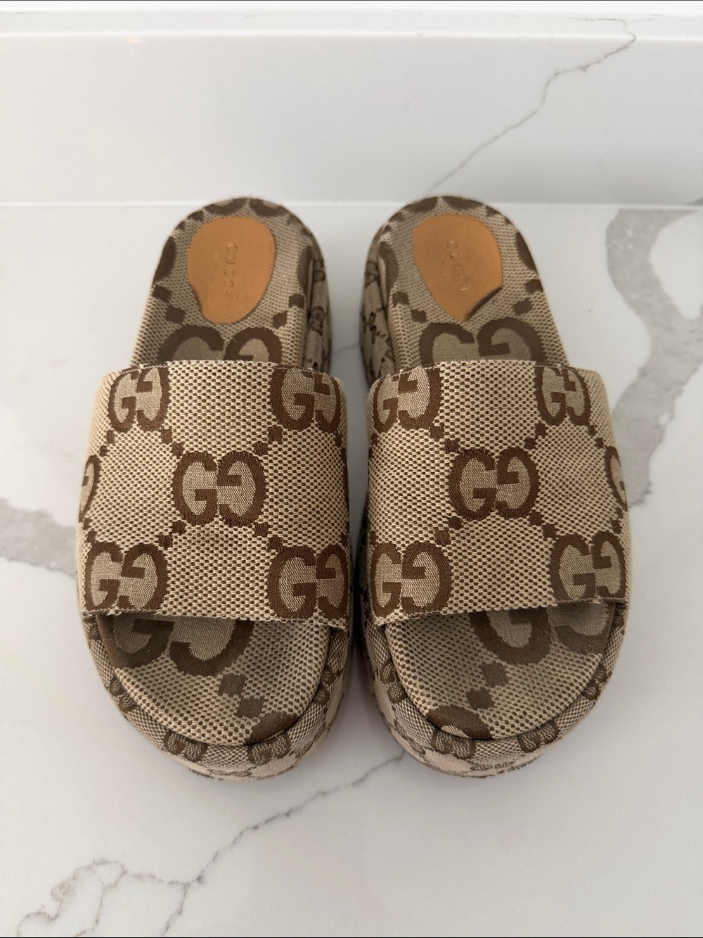 AUTHENTIC Gucci Brown Beige GG Canvas Slide Sandals